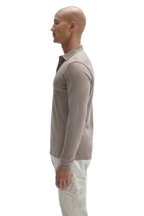 Robert Barakett men's taupe long sleeve polo with ribbed collar and set-in sleeve shown from the side