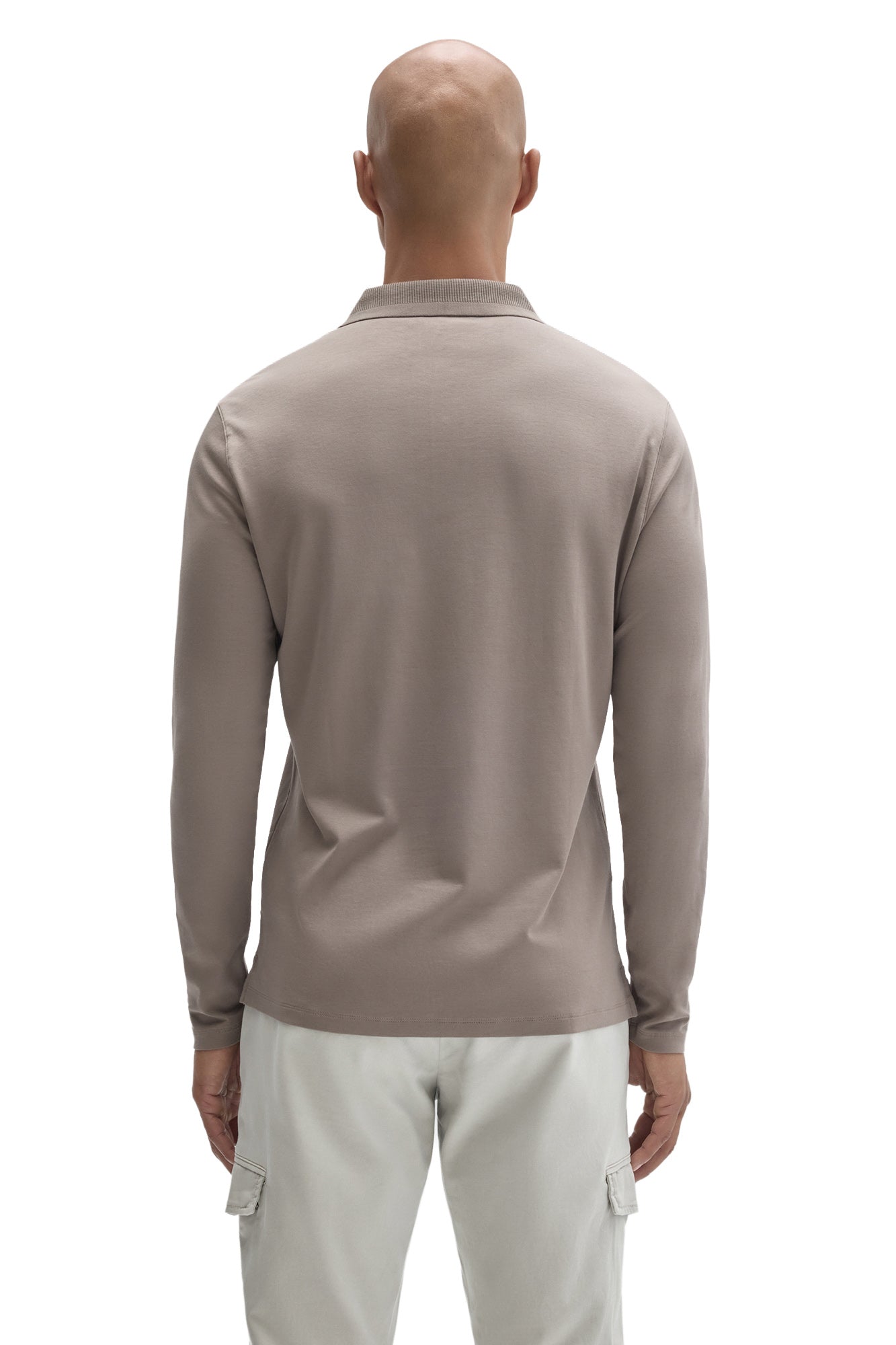 Robert Barakett men's taupe long sleeve polo showing straight hem and ribbed collar, back view