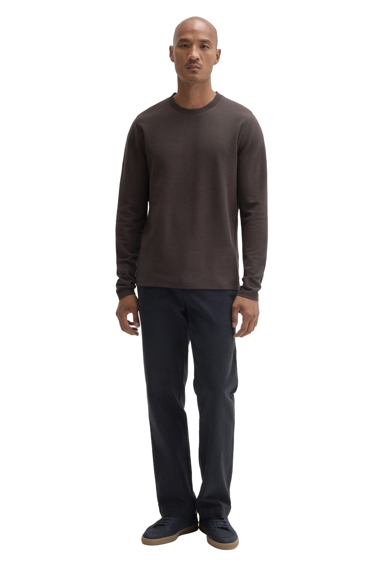 Robert Barakett men's full front view of a dark brown long sleeve crewneck T-Shirt with ribbed cuffs and straight hem