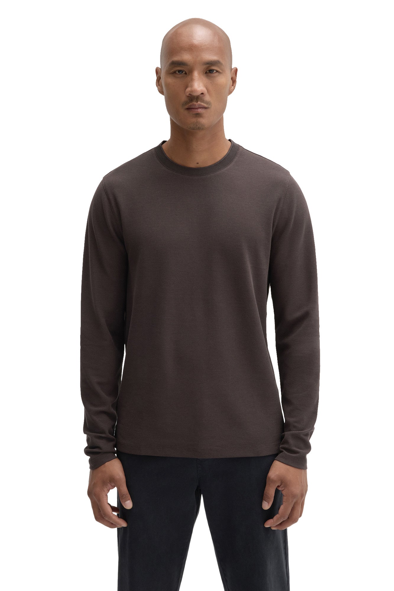 Robert Barakett men's dark brown long sleeve crewneck T-Shirt with ribbed cuffs and fine texture shown from the front