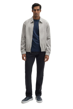Men's full front view of the light gray zip-front overshirt worn open over a navy T-Shirt by Robert Barakett