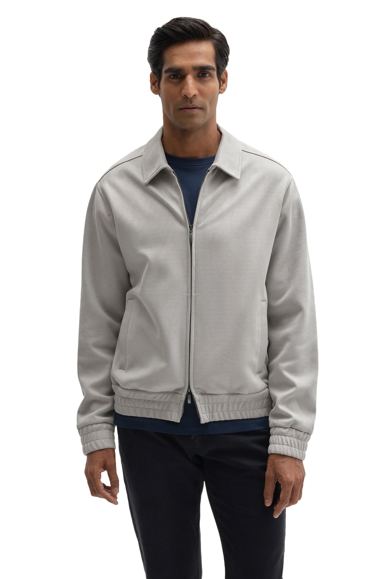 Robert Barakett men's light gray zip-front overshirt with elastic hem, welt pockets and shirt collar shown from the front