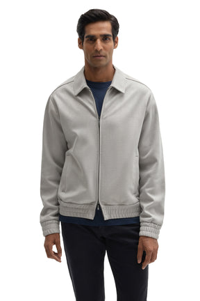 Robert Barakett men's light gray zip-front overshirt with elastic hem, welt pockets and shirt collar shown from the front