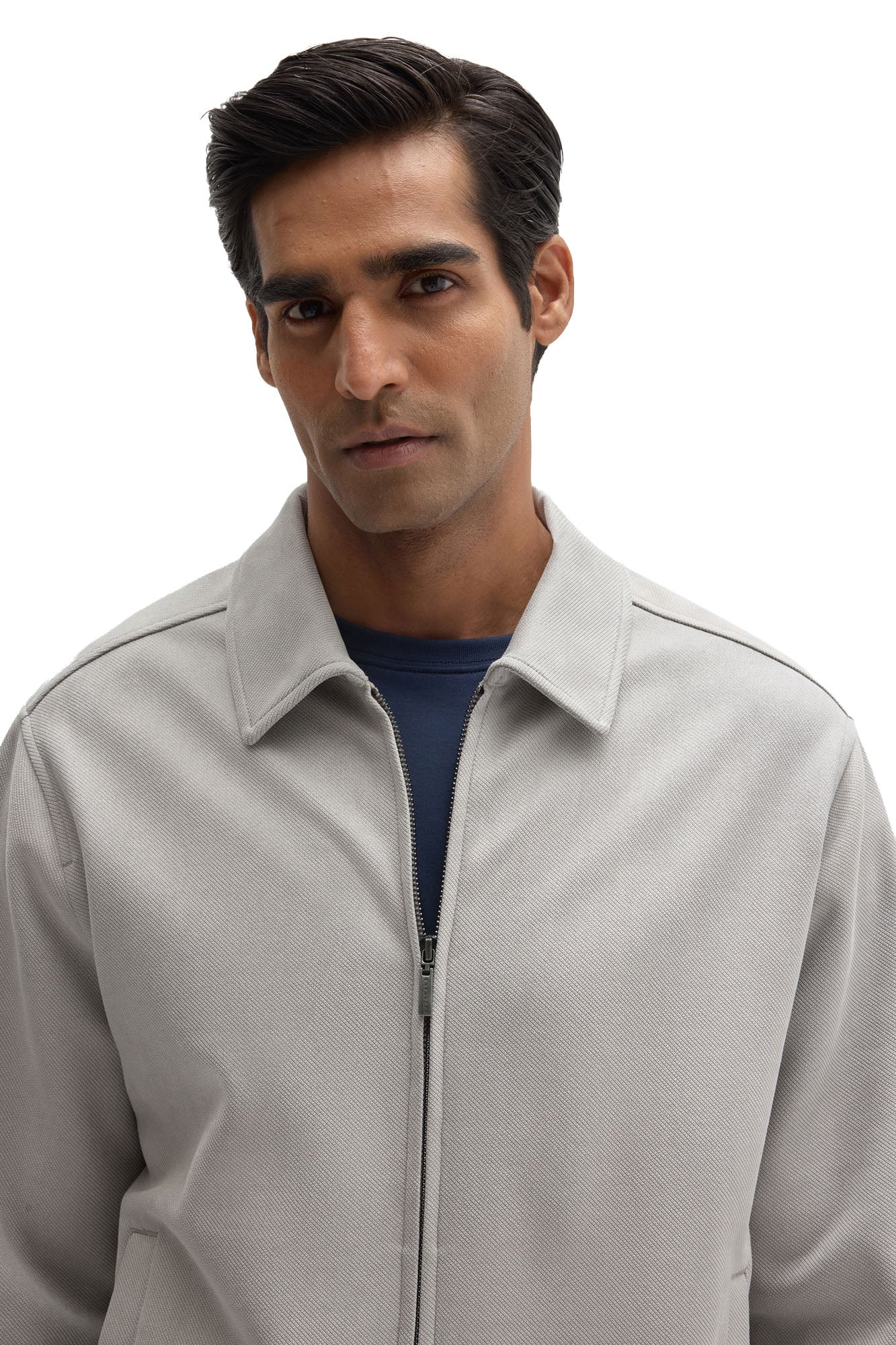 Close-up of front zipper and shirt collar on Robert Barakett men's light gray textured zip overshirt