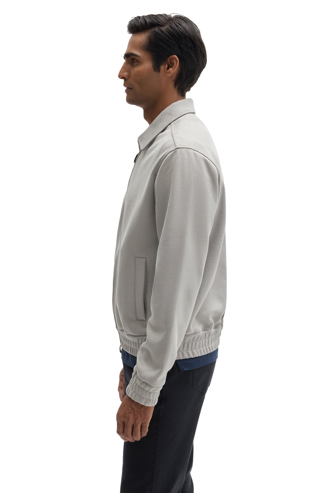 Robert Barakett men's light gray zip overshirt with banded hem, elastic cuff and angled welt pocket shown from the side