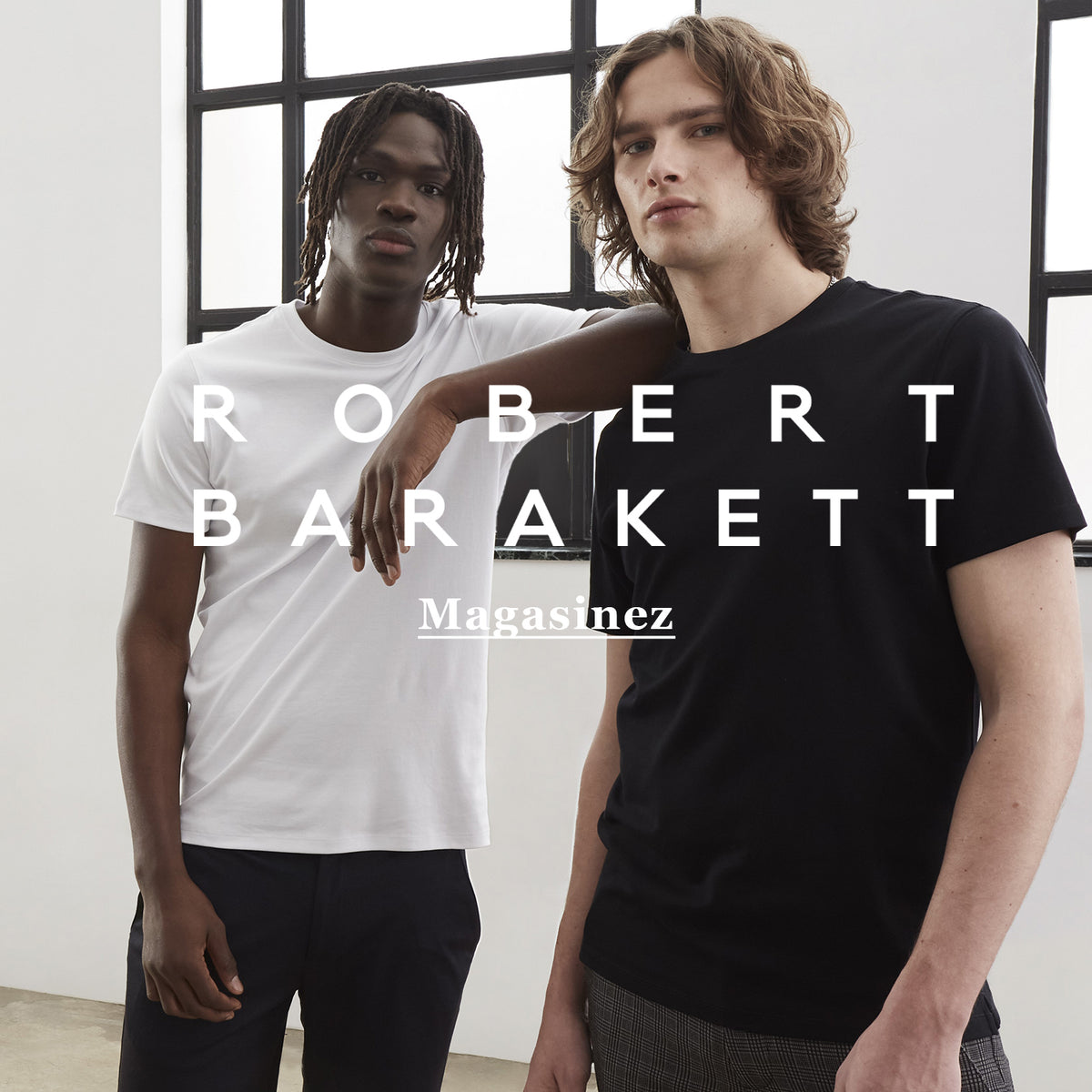 deux hommes portant des t-shirts basiques, noir et blanc, de la marque robert barakett | two men wearing basic, black and white, robert barakett t-shirts