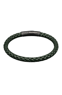 Men's dark green braided bracelet with black Au Noir clasp and small silver rivets, product view
