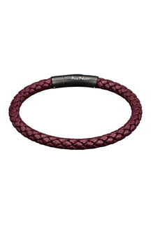 Men's burgundy braided bracelet with black clasp, white Au Noir logo, and small silver rivets, product view