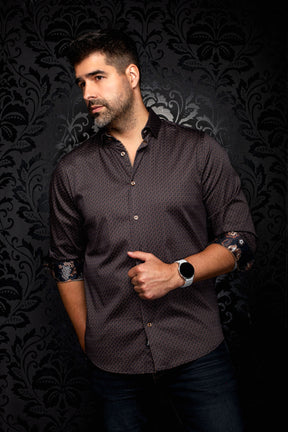 Au Noir men's black micro-geometric print shirt, angled front view with rolled cuffs showing floral lining