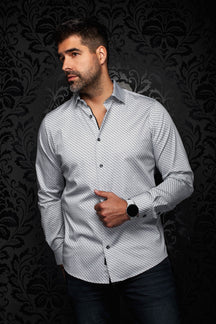 Au Noir men's white geometric print button-up shirt with point collar and black buttons, front view