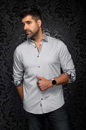 Vue avant en angle de la chemise blanche à motif géométrique avec revers contrastants pour homme par Au Noir