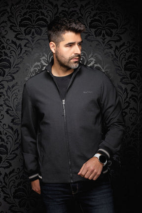 Au Noir men's black textured bomber jacket with zip closure and small tonal chest logo shown from the front
