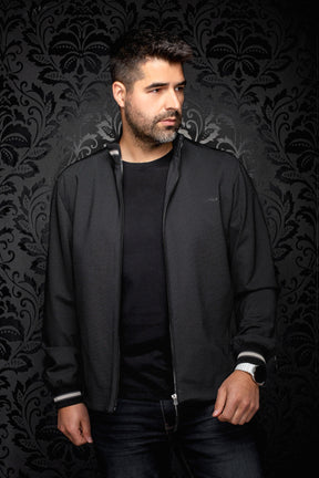 Au Noir men's black textured bomber jacket with zip closure and small tonal chest logo shown from the front