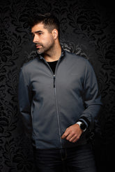 Au Noir men's black textured bomber jacket with zip closure and small tonal chest logo shown from the front