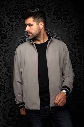 Men's gray bomber jacket front view worn open, with black ribbed collar and striped cuffs by Au Noir
