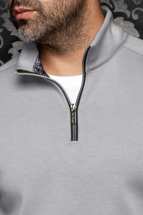 Au Noir men's collar detail of light gray quarter-zip sports jacket with black zipper and metal pull