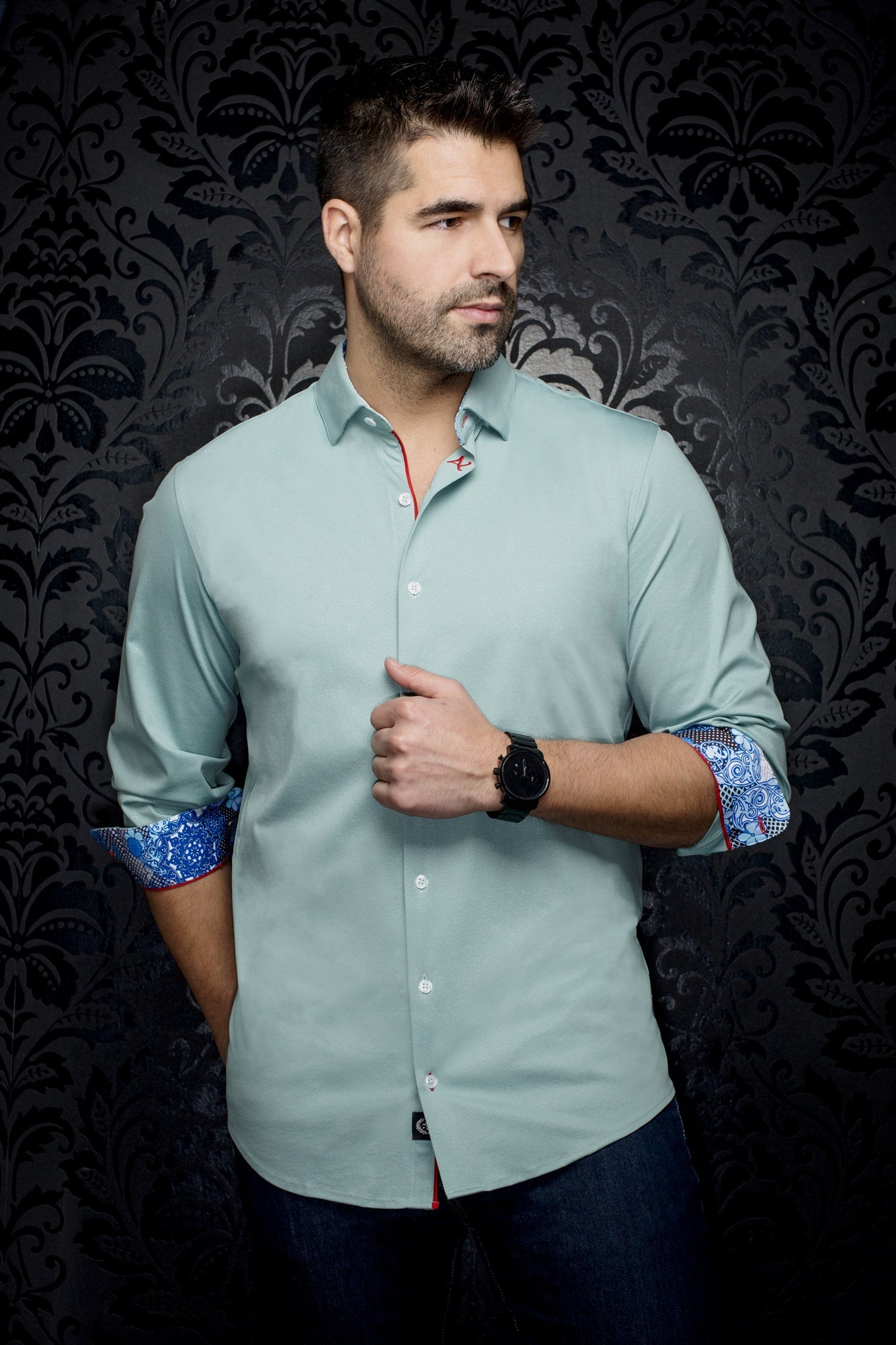 Knit long sleeve shirt for men by Au Noir | ROSMARINO Green | Menshirt, complete inventory of the Au Noir brand