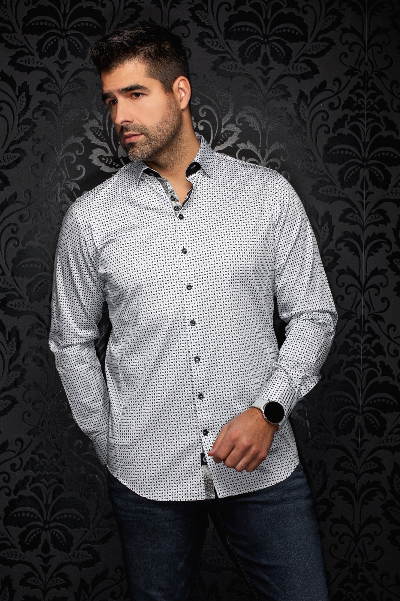 Chemise manches longues en coton extensible pour homme par Au Noir | SABAH Gris | Machemise.ca, inventaire complet de la marque Au Noir