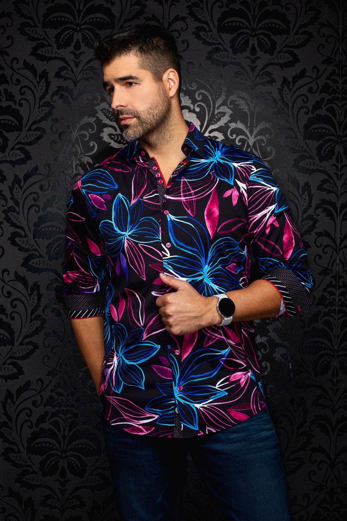 Chemise manches longues en Knit extensible pour homme par Au Noir | SAKARUN Noir Multi | Machemise.ca, inventaire complet de la marque Au Noir