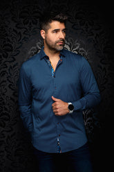 Chemise bleu marine à manches longues, micro motif et patte contrastante pour homme par Au Noir, vue de face