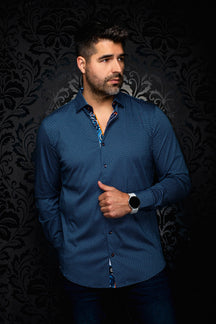 Au Noir men's navy blue long sleeve shirt with light blue geometric print and contrast placket, front view