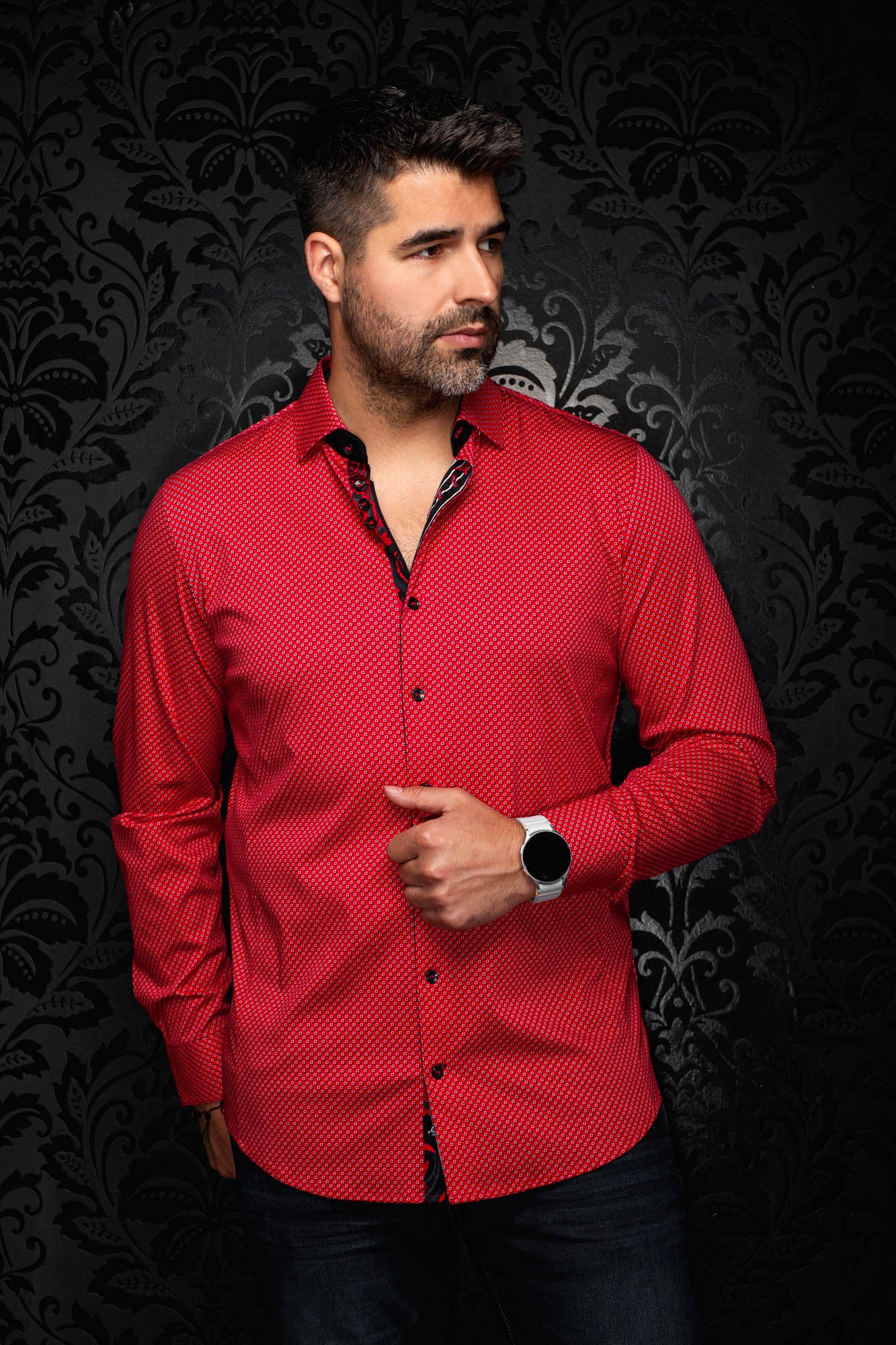 Au Noir men's red micro geometric print button-up shirt, front model view with long sleeves and black buttons