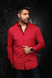 Au Noir men's red micro geometric print button-up shirt, front model view with long sleeves and black buttons