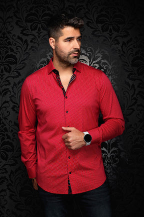 Au Noir men's red micro geometric print button-up shirt, front model view with long sleeves and black buttons