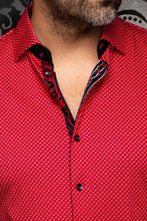 Au Noir men's red geometric print shirt collar, black placket, black buttons, and contrast trim, close-up