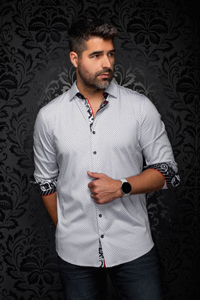 Chemise blanche boutonnée à micro motif noir, col contrastant, vue de face sur mannequin pour homme par Au Noir