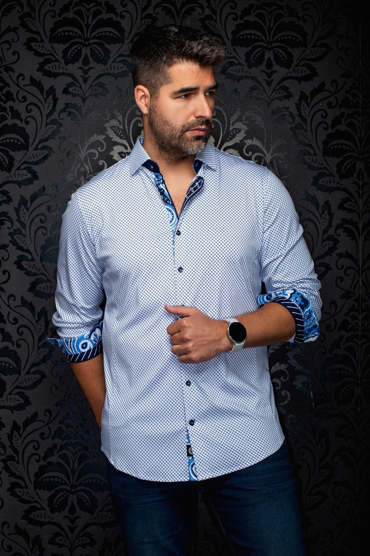 Au Noir men's white patterned button-up shirt with rolled paisley contrast cuffs, front view