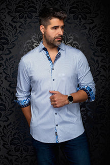 Au Noir men's white patterned button-up shirt with rolled paisley contrast cuffs, front view