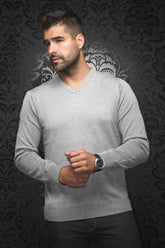 Merino wool V-neck Long sleeve T-Shirt for men by Au Noir | SAXONY_V Medium Grey | Menshirt, complete inventory of the Au Noir brand