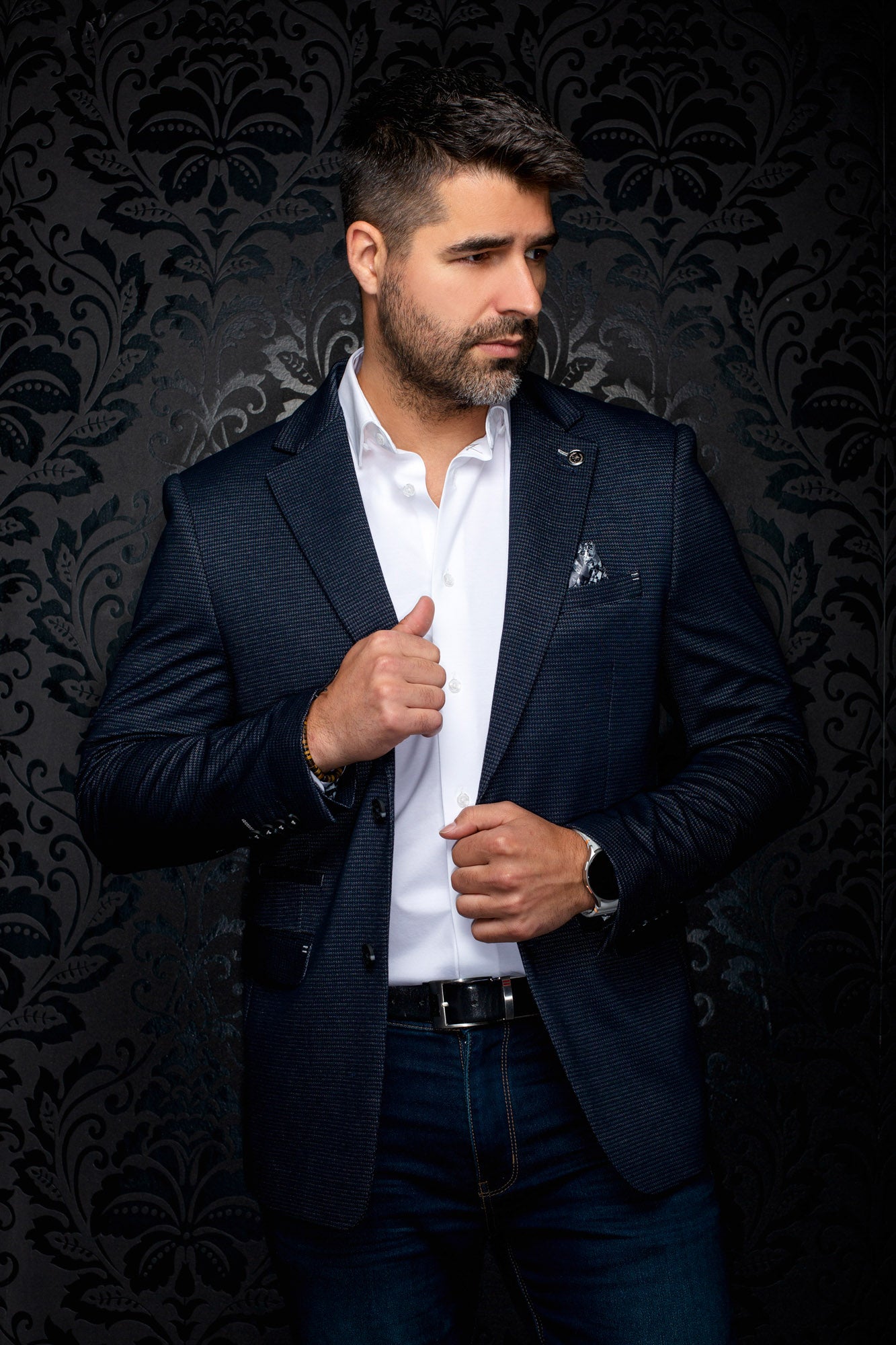 Men's navy micro-check blazer front view with notched lapels, chest pocket, and button cuffs by Au Noir