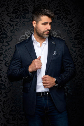 Men's navy micro-check blazer front view with notched lapels, chest pocket, and button cuffs by Au Noir