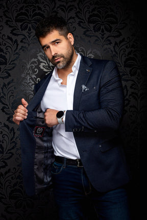 Au Noir men's navy blazer opened to show dark patterned lining and interior label, detail view