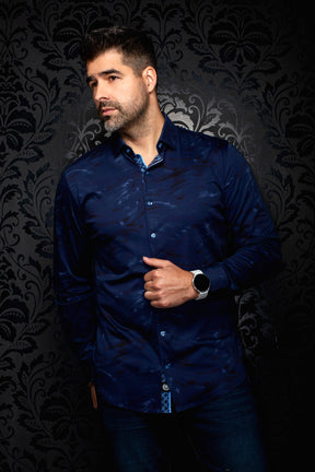 Au Noir men's navy long sleeve button-up shirt, front model view with tonal print and blue patterned placket trim