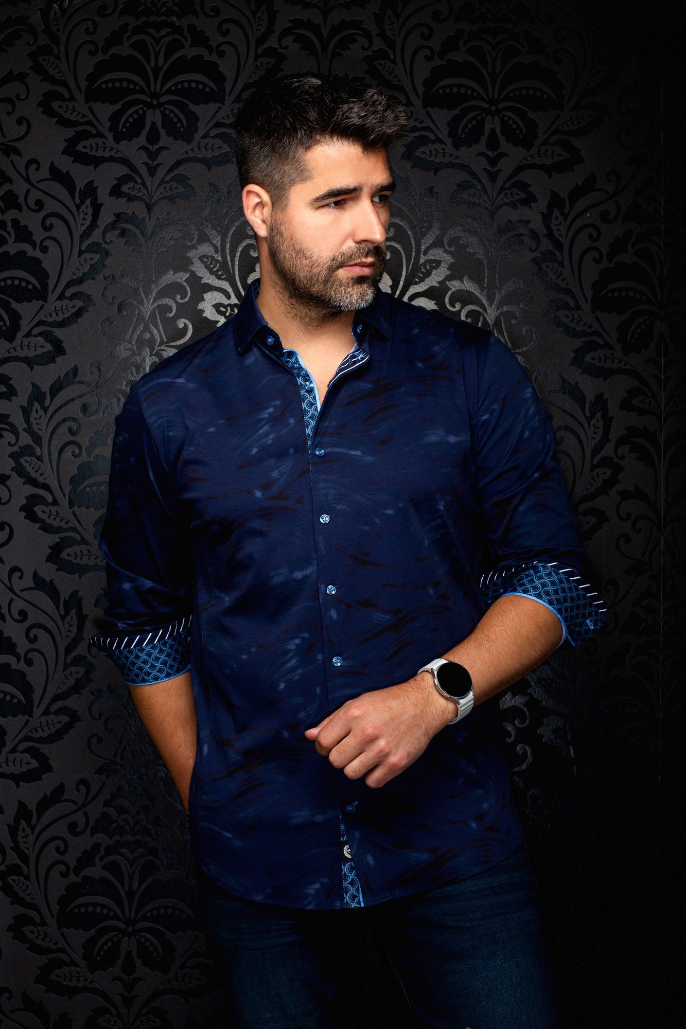 Men's navy long sleeve button-up shirt, front view with rolled cuffs and contrast blue patterned trim by Au Noir