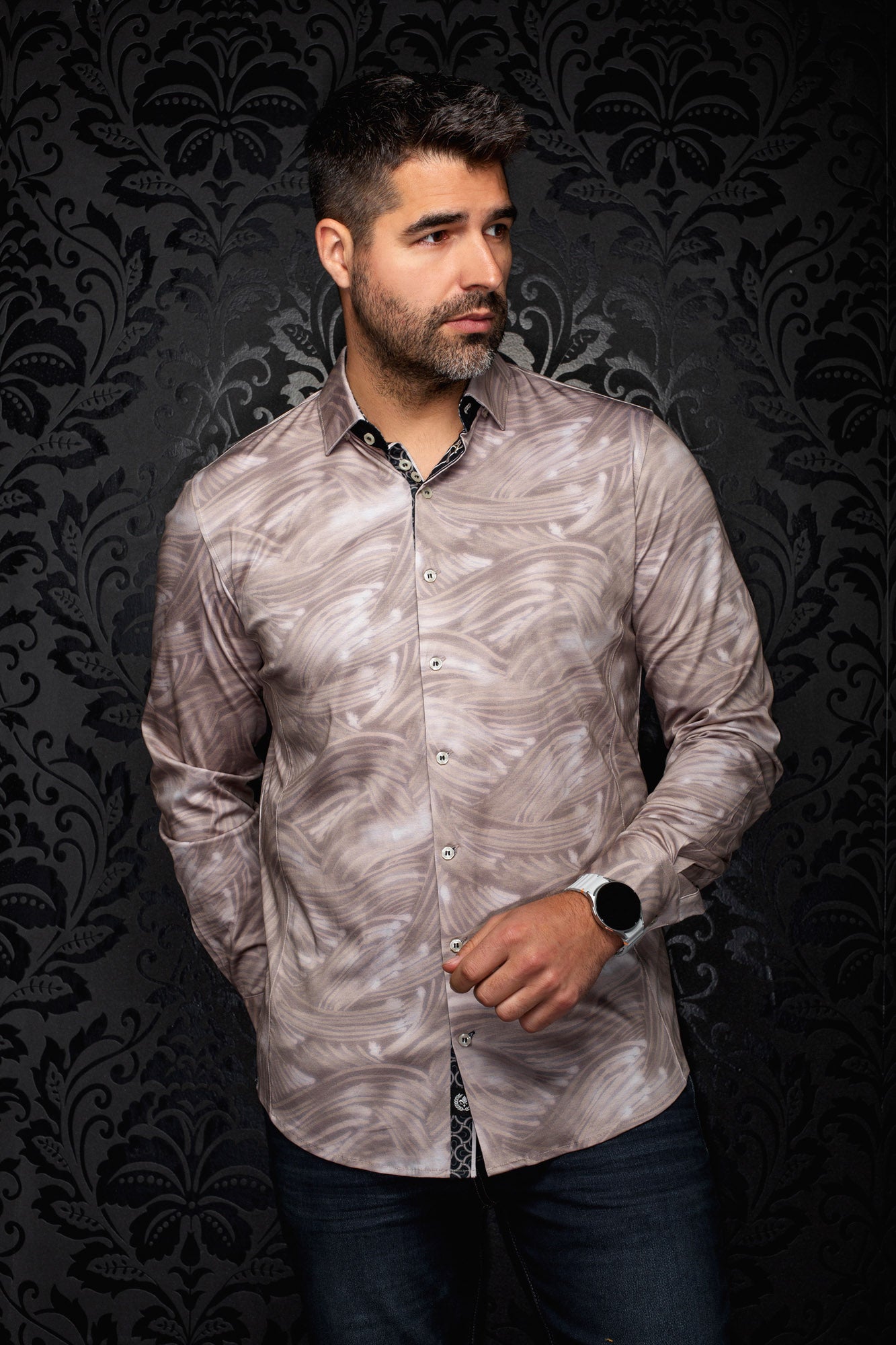 Au Noir men's beige abstract print button-up shirt with black contrast inner placket, front view
