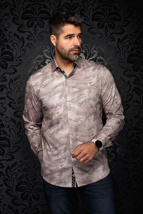 Au Noir men's beige abstract print button-up shirt with black contrast inner placket, front view