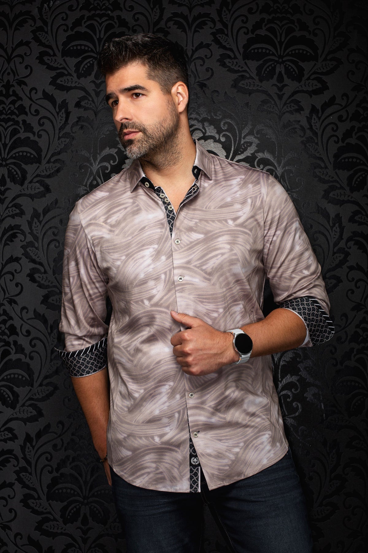 Au Noir men's angled view of beige patterned button-up shirt with rolled cuffs and black contrast facing, side view