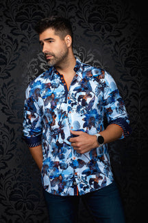 Au Noir men's light blue floral button-up shirt with orange buttons and rolled cuffs shown from the front