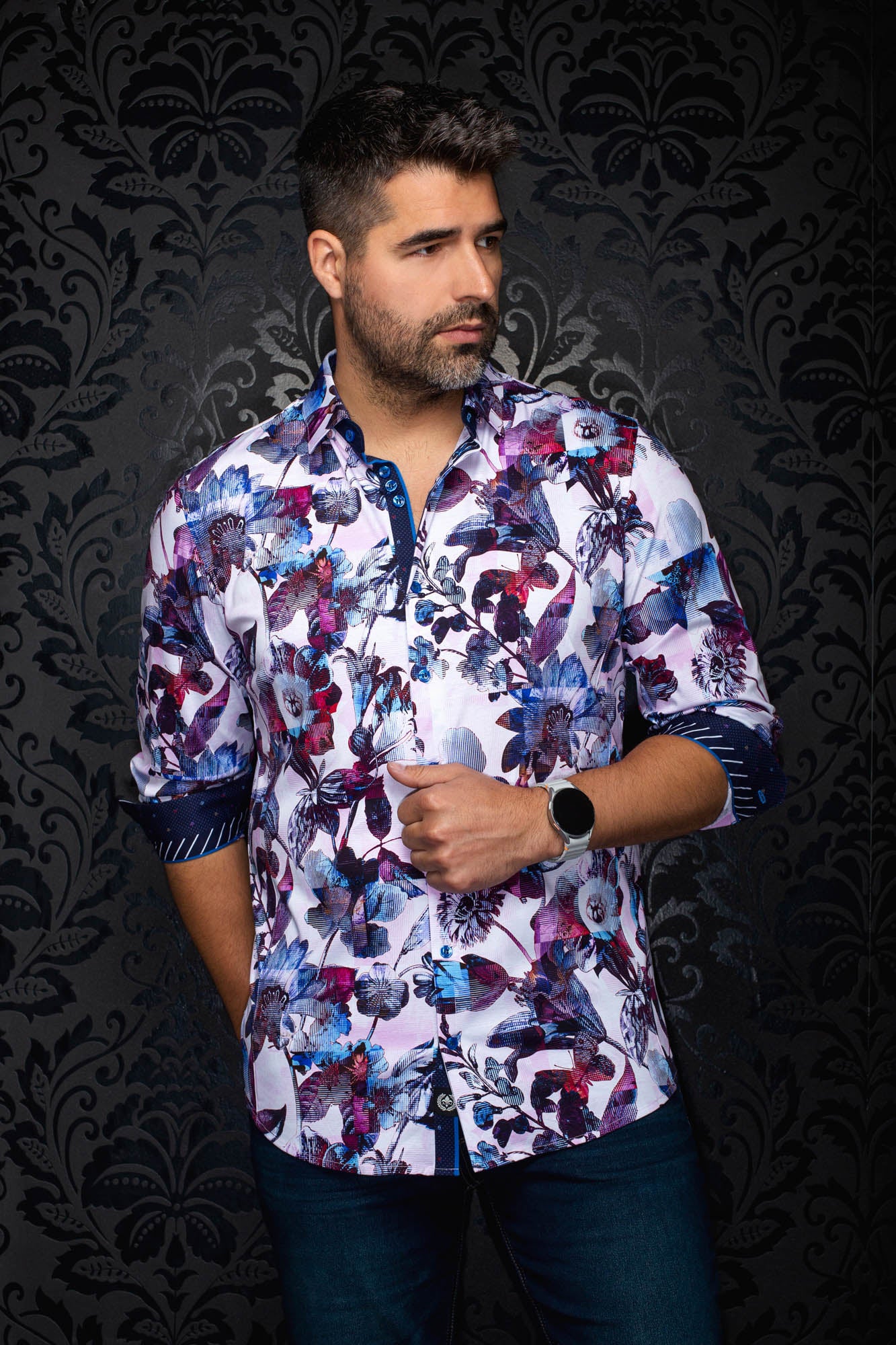 Au Noir men's light pink floral button-up shirt with rolled navy contrast cuffs, front view