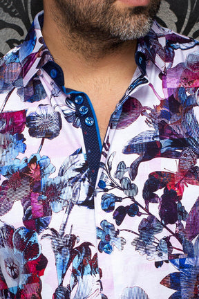 Au Noir men's light pink floral button-up shirt with blue buttons and navy contrast placket, close-up