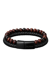 Men's black braided bracelet set and reddish-brown beaded strand, product view by Au Noir