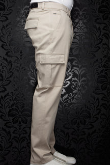 Au Noir men's beige cargo pants shown from the side, with flap pockets, belt loops, and straight legs