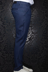 Au Noir men's dark navy pants with belt loops, welt back pocket and subtle woven sheen, side view