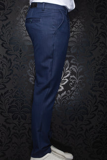 Au Noir men's dark navy pants with belt loops, welt back pocket and subtle woven sheen, side view