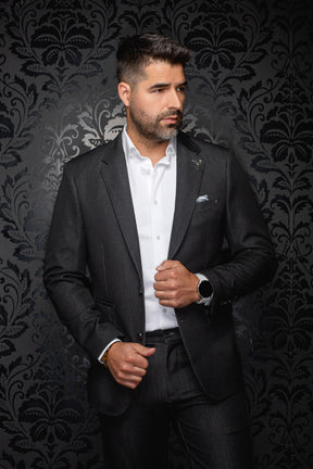 Au Noir men's angled model view of a dark charcoal blazer with notch lapels and subtle woven texture, side view