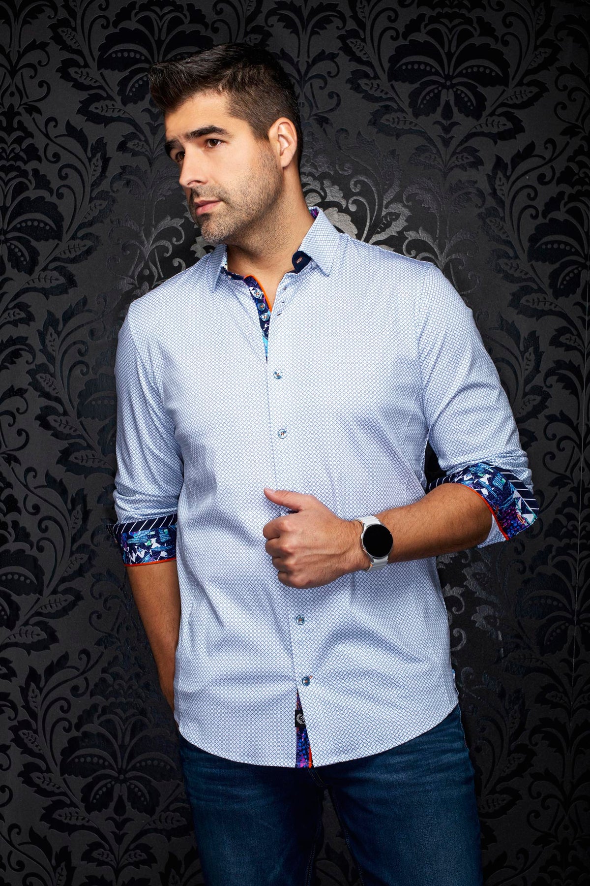 Au Noir men's white button-up shirt with blue micro circle print and multicolor rolled cuffs, front model view